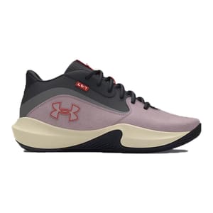 Under Armour sneaker in lavender and black with a cream sole and red logo accents.