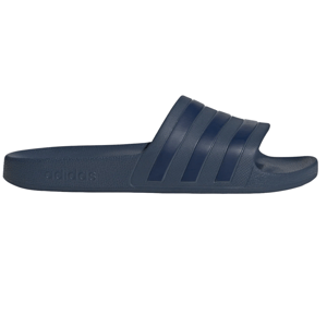 A navy blue Adidas slide sandal featuring the brand's signature three stripes and a textured sole.