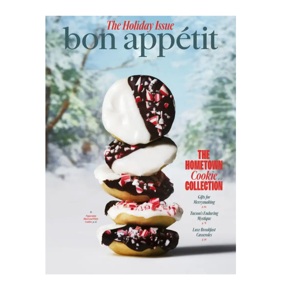 Bon Appétit's Holiday Issue cover features a stack of peppermint bark and white cookies with festive sprinkles. The issue highlights include the Hometown Cookie Collection, gifts for merrymaking, Tucson's mystique, and luxe breakfast casseroles.