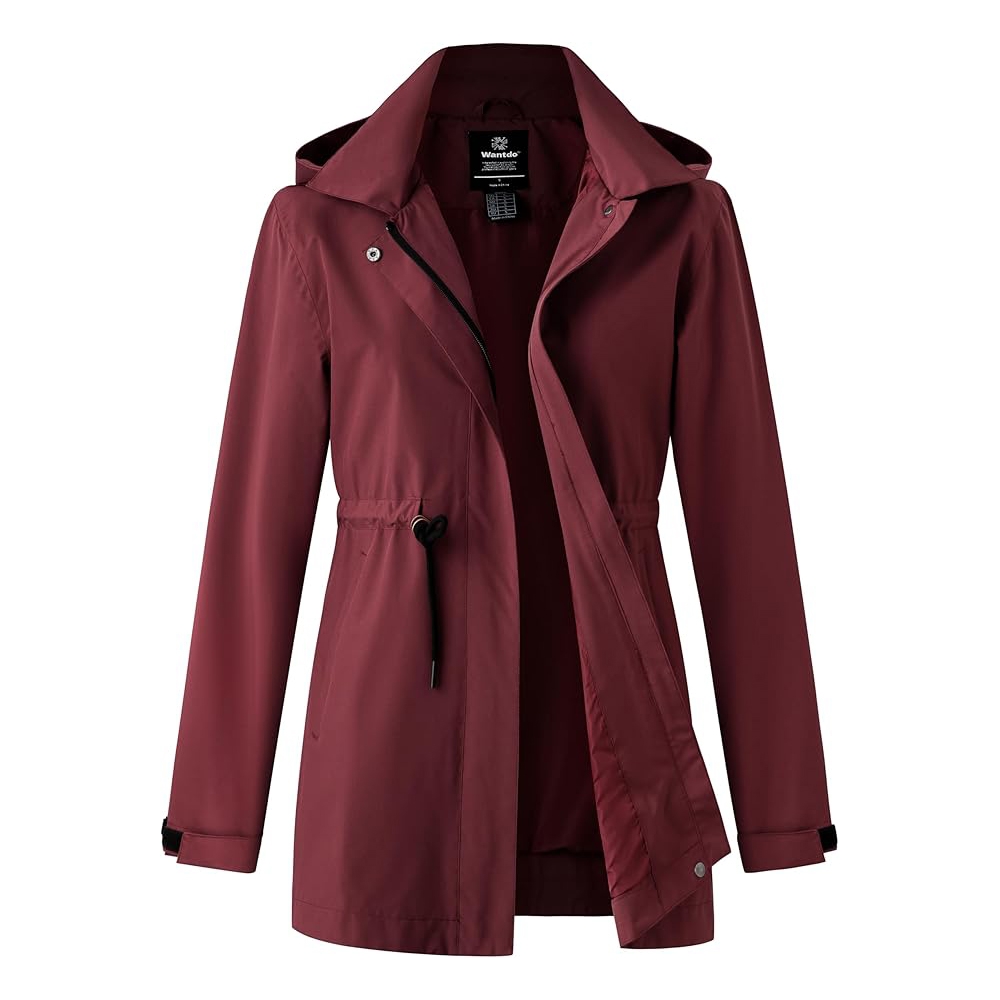 A burgundy women's trench coat with a hood and adjustable waist tie.