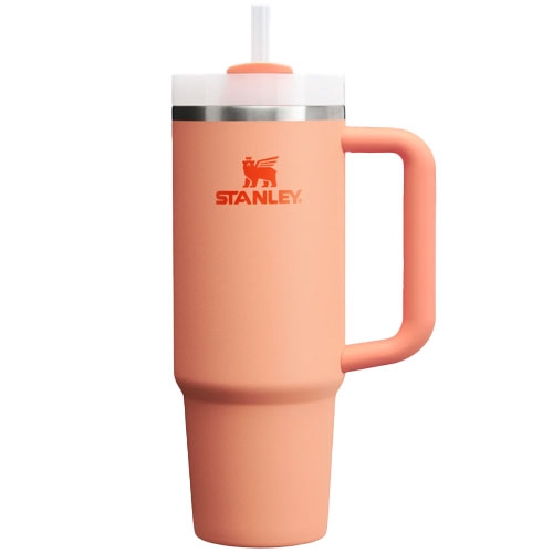 30oz Stanley Tumbler with a coral hue features a handle, straw, and stainless steel rim. Designed for easy grip, it combines durability with style and insulation, suitable for both hot and cold beverages.