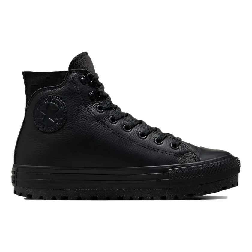 All-black high-top waterproof boots with a leather upper, featuring the signature Chuck Taylor star logo on the side,  and a rugged rubber outsole designed for durability and traction.
