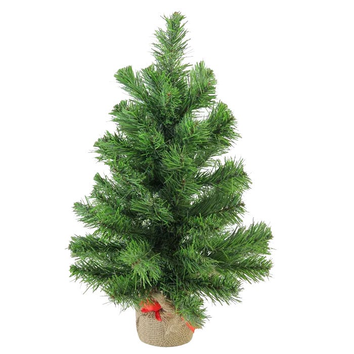 This is an 18-inch mini artificial Christmas tree with dense green pine needles, presented in a simple burlap-wrapped base.