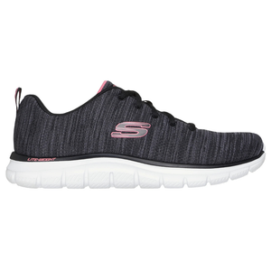 A black and white athletic shoe with a pink \“S\“ logo and \“Lite-Weight\“ text on the outer sole, featuring a cushioned white sole and dark fabric upper.