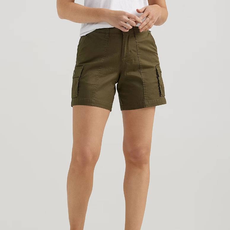 Olive green cargo shorts with side pockets, reaching mid-thigh.