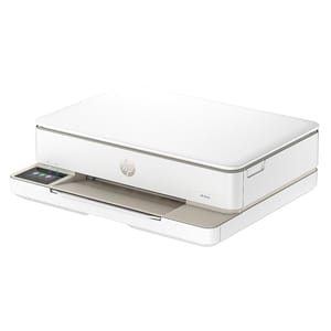 HP printer, flatbed design, with a compact form and an integrated touchscreen. White color, suitable for home or small office use.