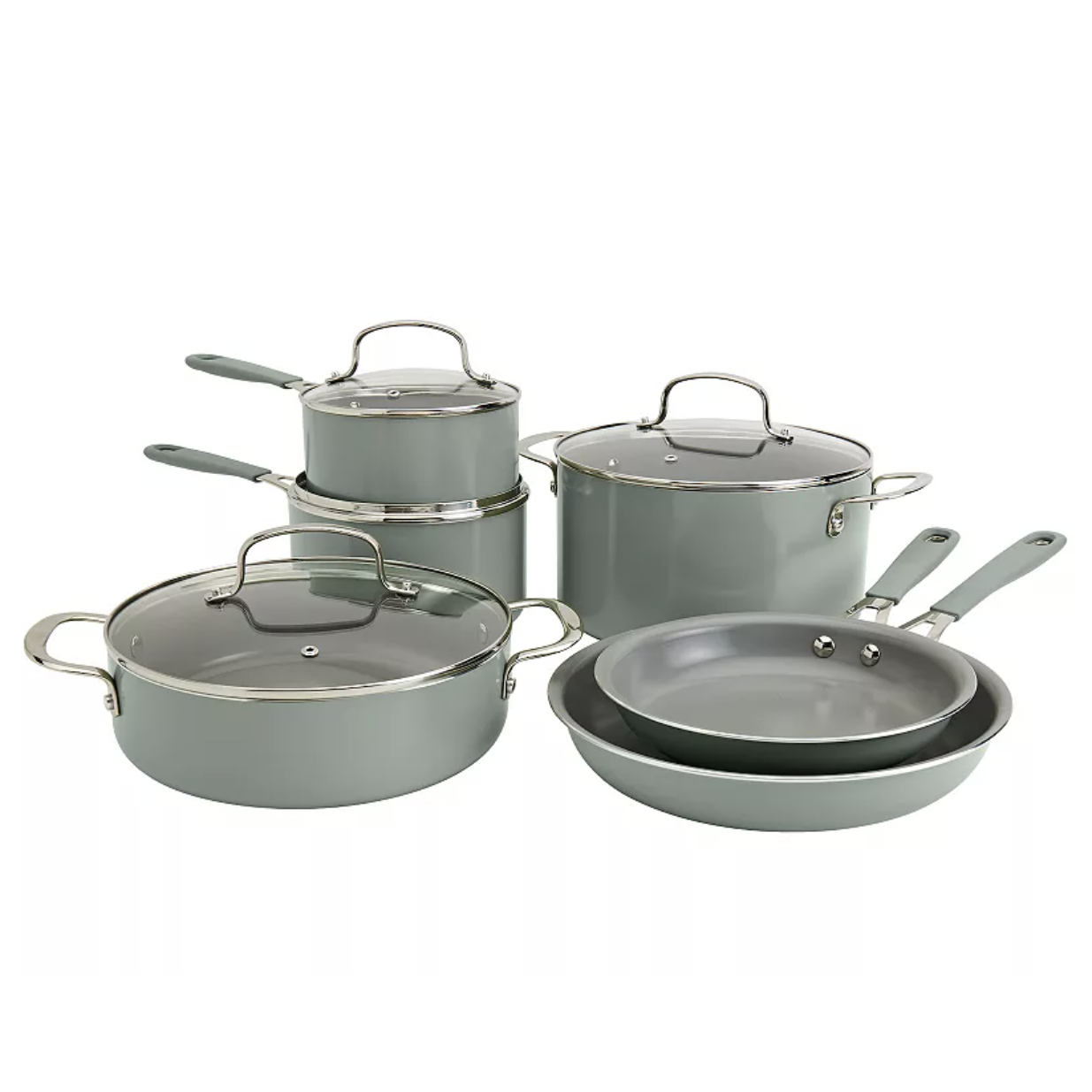 A set of gray non-stick cookware with glass lids includes two frying pans, two saucepans, a stockpot, and a sauté pan, all featuring handles.