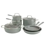 A set of gray non-stick cookware with glass lids includes two frying pans, two saucepans, a stockpot, and a sauté pan, all featuring handles.