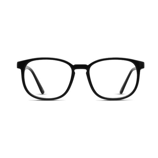 A pair of black rectangular eyeglasses with a simple, classic frame design.