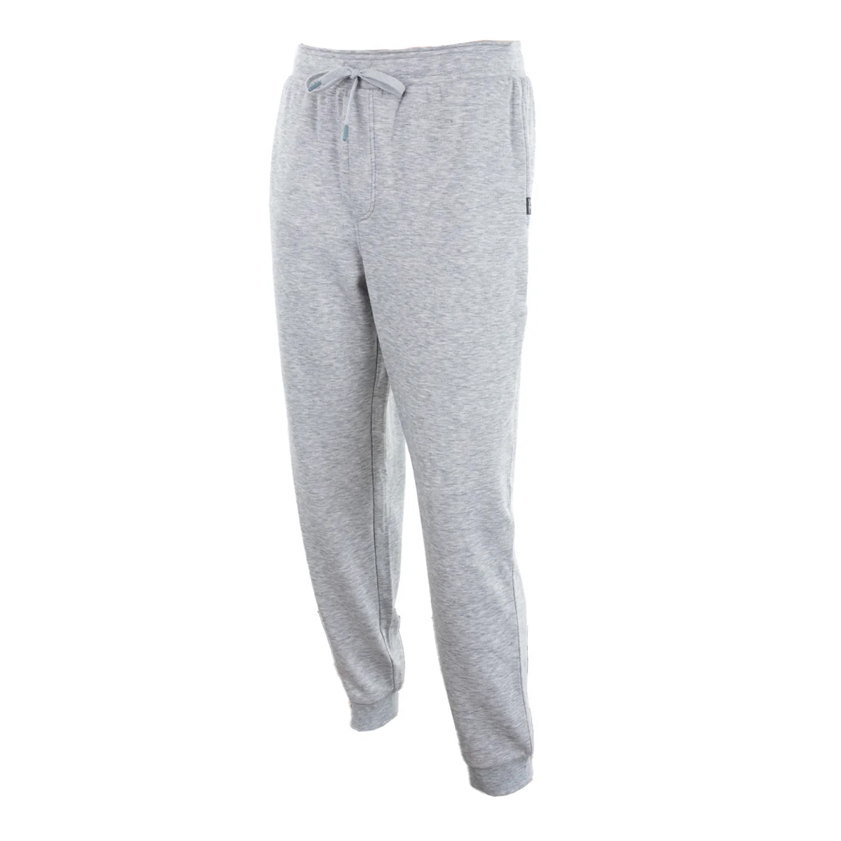Gray drawstring sweatpants with side pockets and ribbed cuffs.