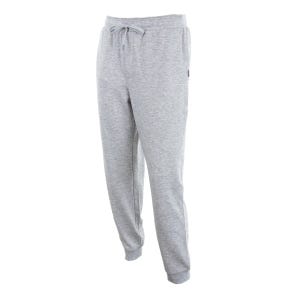 Gray drawstring sweatpants with side pockets and ribbed cuffs.