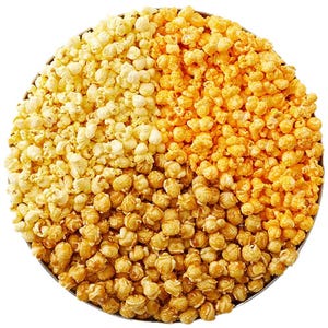 A bowl of popcorn featuring three varieties: caramel, cheddar cheese, and buttered.