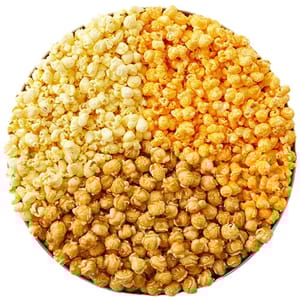 A bowl of popcorn featuring three varieties: caramel, cheddar cheese, and buttered.