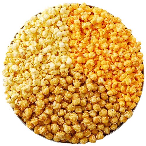 A bowl of popcorn featuring three varieties: caramel, cheddar cheese, and buttered.