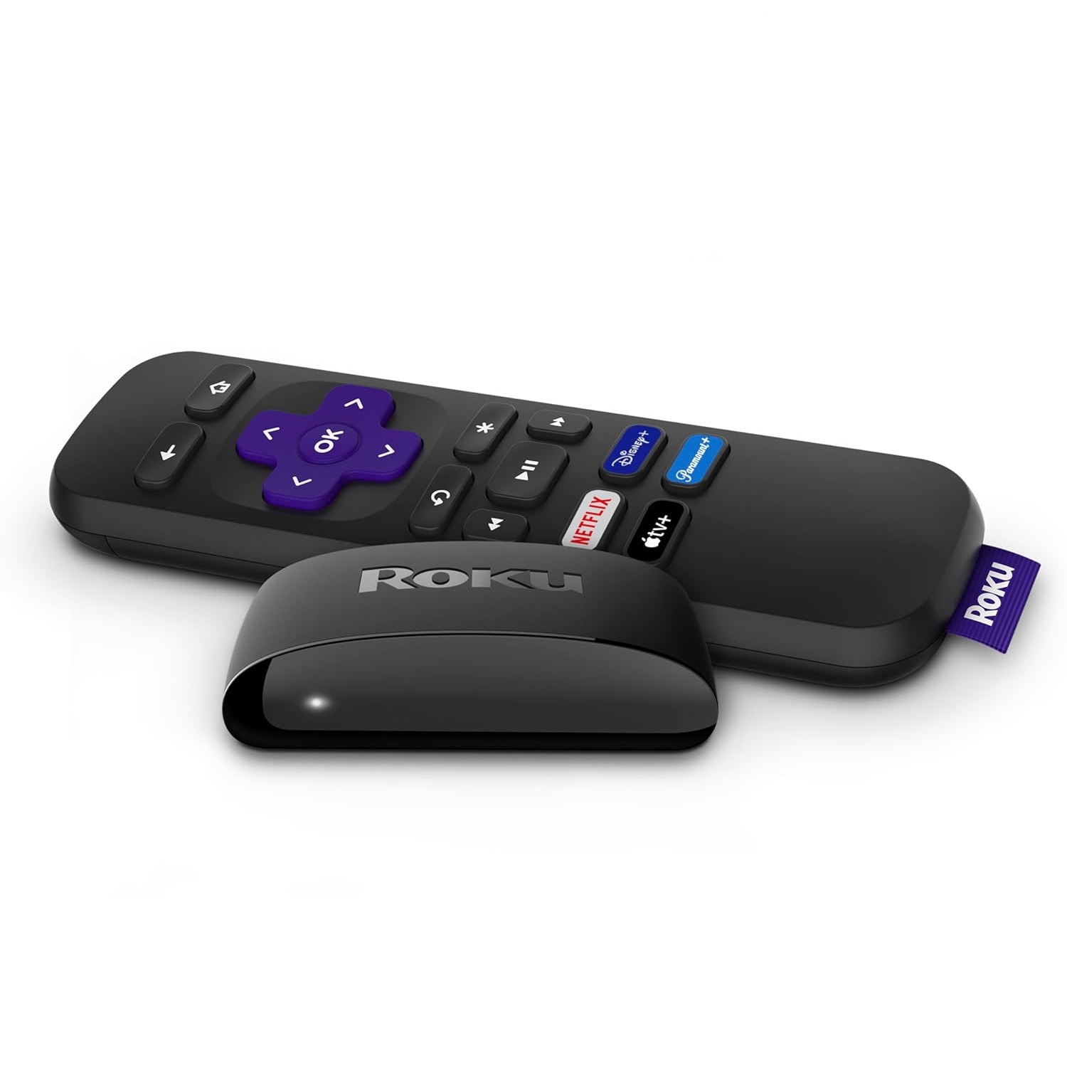A Roku Express streaming media player with a remote control and an antenna extension for improved wireless reception. The remote has dedicated service buttons for quick access.