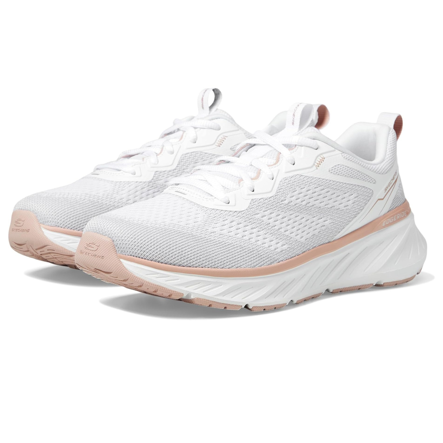 Skechers Edgeride Power Flow Shoes feature a white mesh upper with light pink accents and a cushioned sole for support and comfort. They have a lace-up design and are designed for performance and everyday wear.