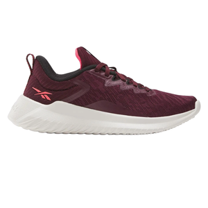 Maroon athletic shoe with a white midsole, featuring a mesh upper, black lining, red logo, and patterned design.