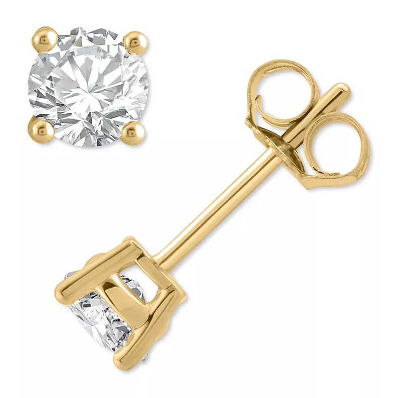 Gold stud earrings with round-cut diamond stones held by four prongs, featuring a straight post and a butterfly clutch back for secure fastening.