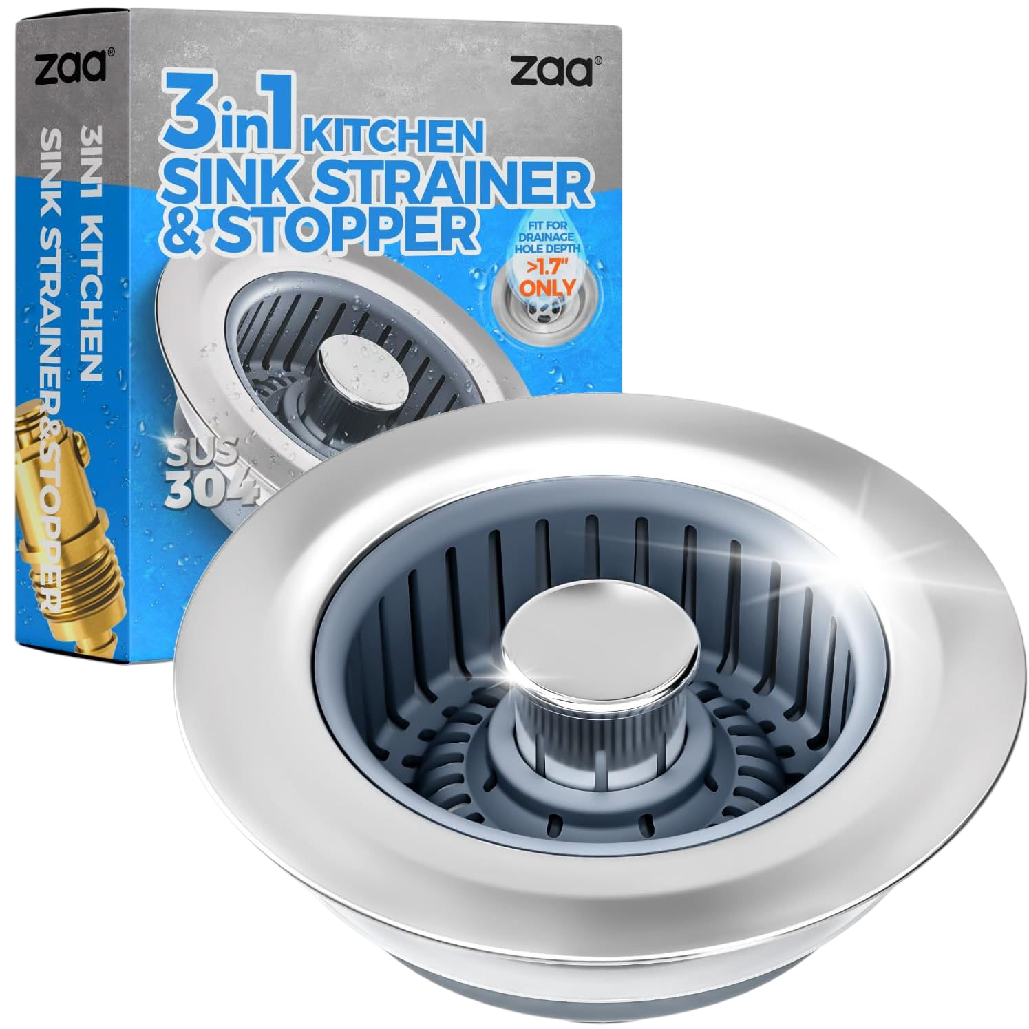 3-in-1 kitchen sink strainer and stopper from zaa, made of SUS 304 stainless steel, designed for drains with a hole depth greater than 1.7 inches.