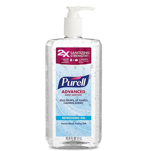 A bottle of Purell Advanced Hand Sanitizer with a pump dispenser, labeled as a refreshing gel that kills 99.99% of germs.