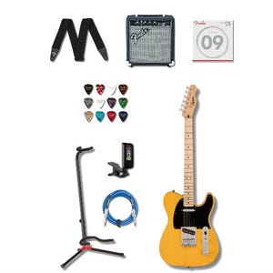Guitar bundle including a yellow electric guitar, amplifier, set of strings, picks, strap, stand, tuner, and blue cable.