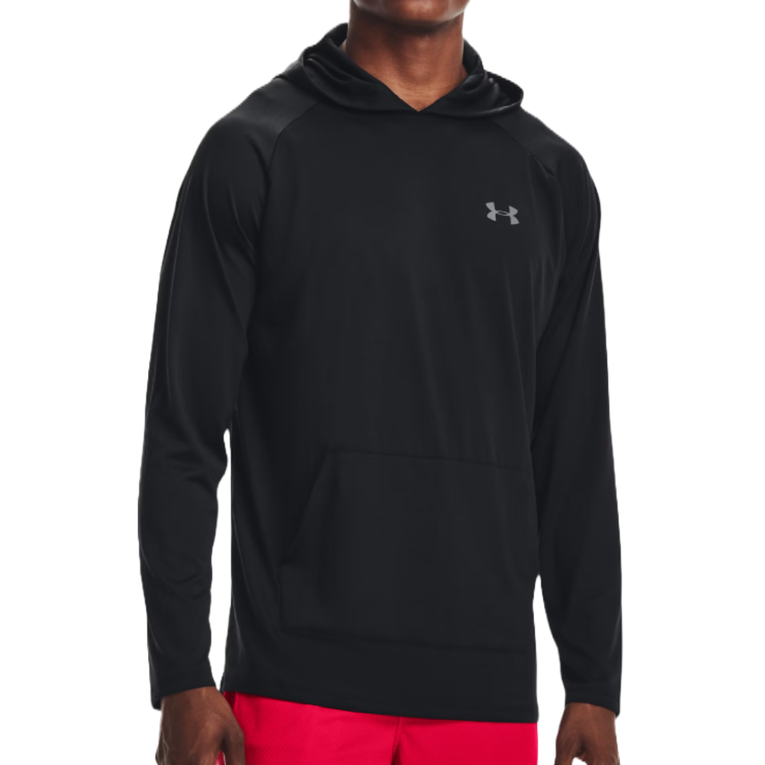 A black, long-sleeve UA Tech 2.0 Hoodie with a kangaroo pocket and the Under Armour logo on the chest, paired with red athletic shorts.