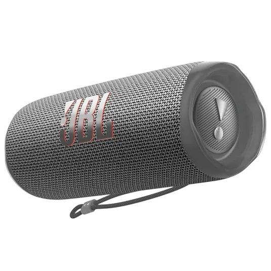 A gray JBL portable Bluetooth speaker with a cylindrical design and textured fabric exterior is shown, featuring the JBL logo and a side passive radiator.