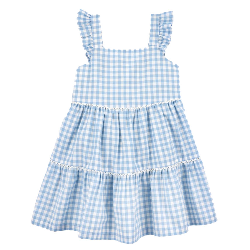 Blue and white gingham dress with ruffle sleeves and a tiered, A-line silhouette, accented by lace trim on the tiers.