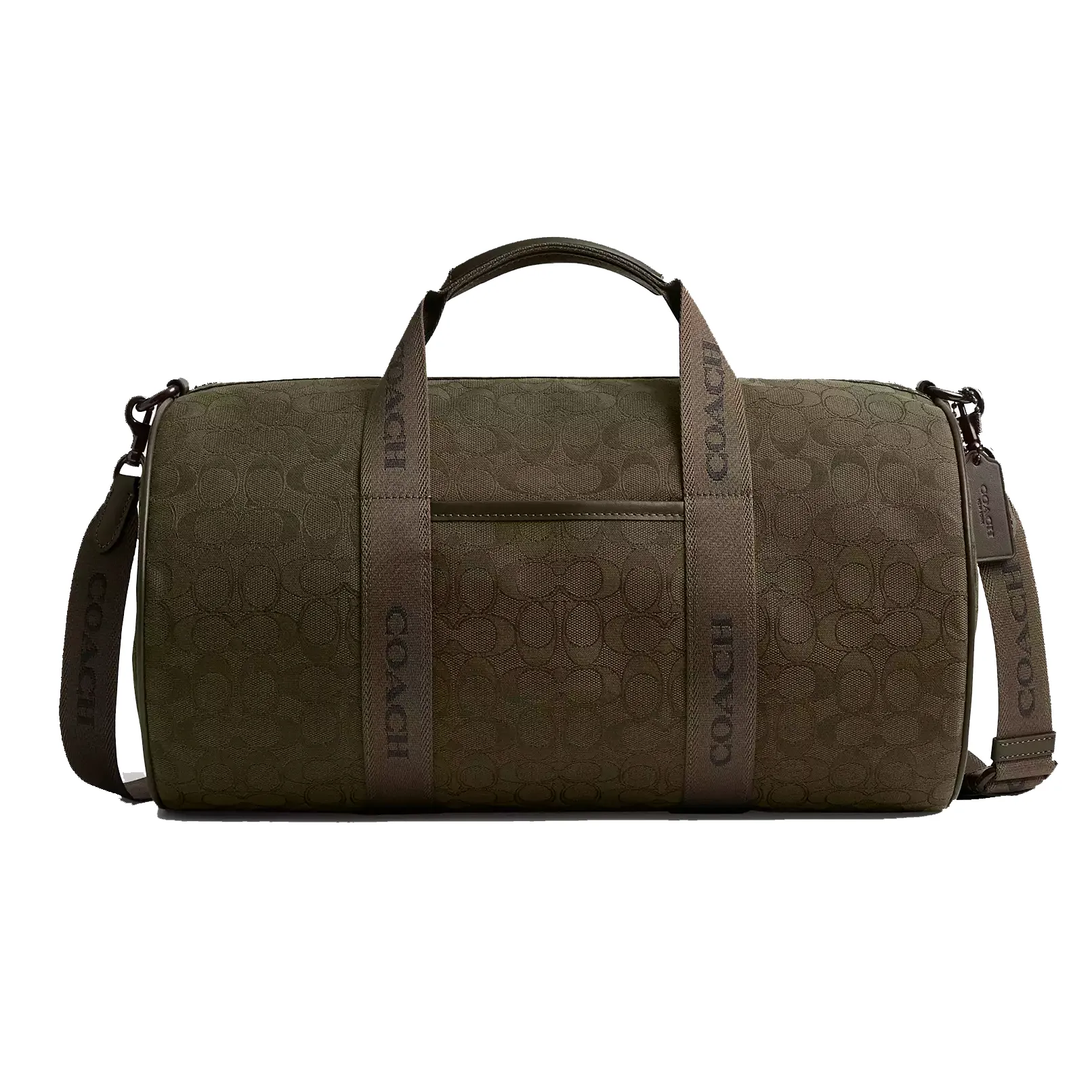 A Coach duffle bag in olive green with a signature monogram pattern, featuring adjustable straps and a top handle.