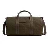 A Coach duffle bag in olive green with a signature monogram pattern, featuring adjustable straps and a top handle.