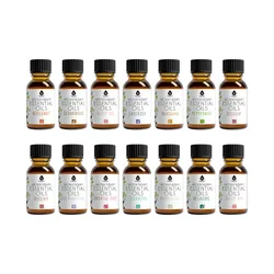 14-pack Aromatherapy Essential Oils includes Bergamot, Cedarwood, Sleep Aid, Lavender, Mandarin, Peppermint, Rosehip, Air Purifying, Breathe Easy, Cleansing, Refreshing, Relaxing, and another Sleep Aid. All bottles have labeled amber glass with black caps.