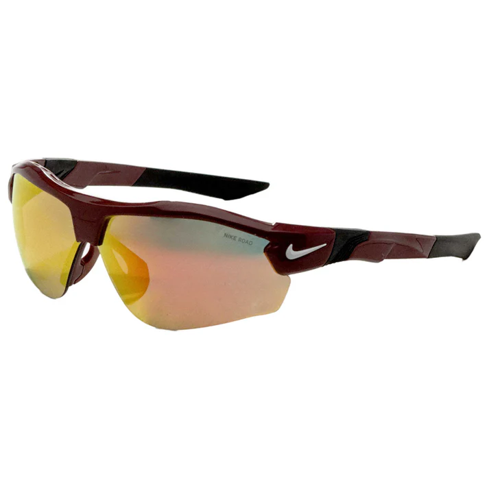 Nike Road sunglasses with a maroon frame, black accents, and reflective orange lenses.