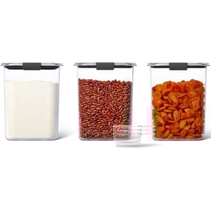 3pk Rubbermaid Brilliance Pantry Set includes three clear containers with secure black lids, storing flour, kidney beans, and dried apricots, accompanied by clear plastic scoops for easy dispensing.