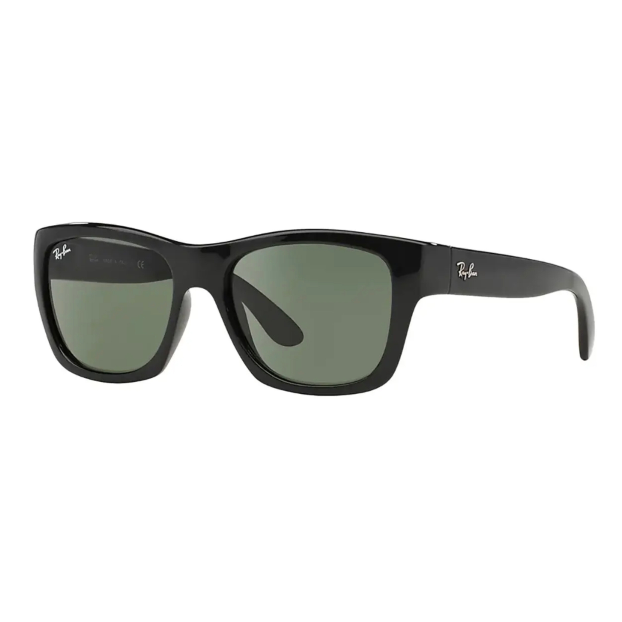 Black Ray-Ban sunglasses with a rectangular frame and dark green lenses.