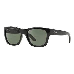 Black Ray-Ban sunglasses with a rectangular frame and dark green lenses.
