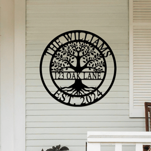 Metal wall sign featuring a tree design with text \“The Williams, 123 Oak Lane, Est. 2024\“ displayed on a house exterior.