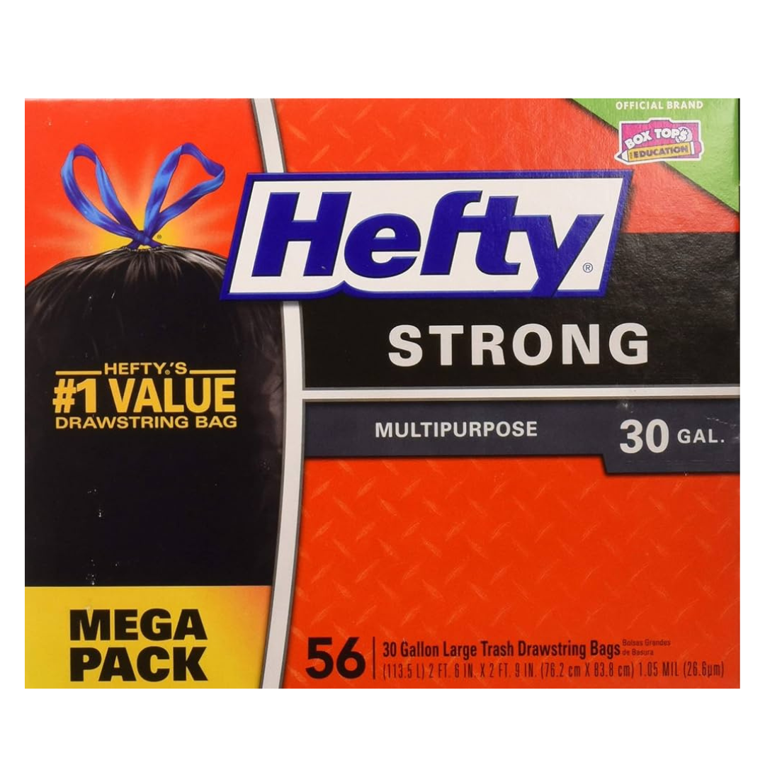 Hefty Strong Multipurpose 30-gallon trash bags, mega pack of 56, with drawstring closure, labeled as #1 value.