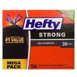 Hefty Strong Multipurpose 30-gallon trash bags, mega pack of 56, with drawstring closure, labeled as #1 value.