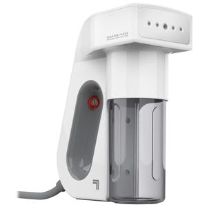 A white Sharper Image garment steamer with a transparent water tank, power button, and cable visible.