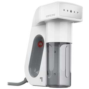 A white Sharper Image garment steamer with a transparent water tank, power button, and cable visible.