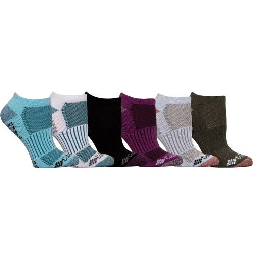 Six pairs of ankle socks in various colors, including blue, white, black, purple, gray, and green, each featuring reinforced toes and heels, and a ribbed texture.