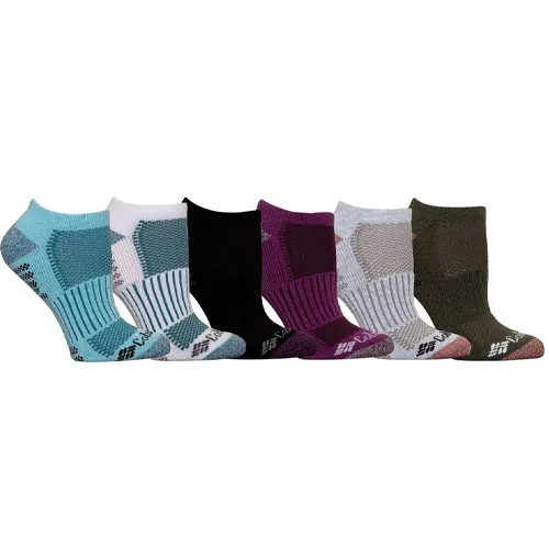 Six pairs of ankle socks in various colors, including blue, white, black, purple, gray, and green, each featuring reinforced toes and heels, and a ribbed texture.