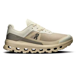 A beige running shoe with visible \“Swiss Engineering\“ text and distinctive CloudTec sole, featuring lace-up closure and minimalist design.