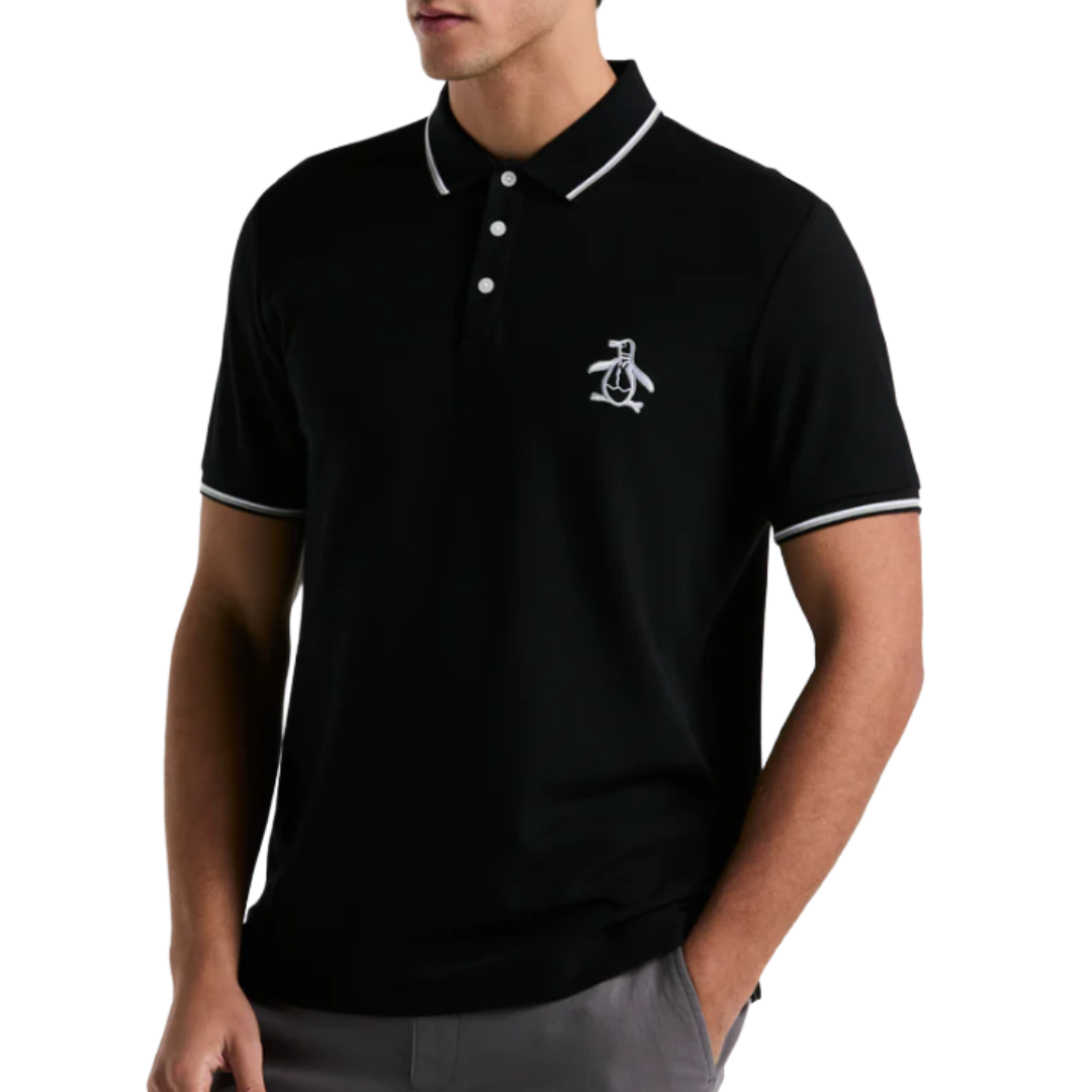 A black polo shirt with white trim and a penguin logo on the chest, featuring a three-button placket and short sleeves.