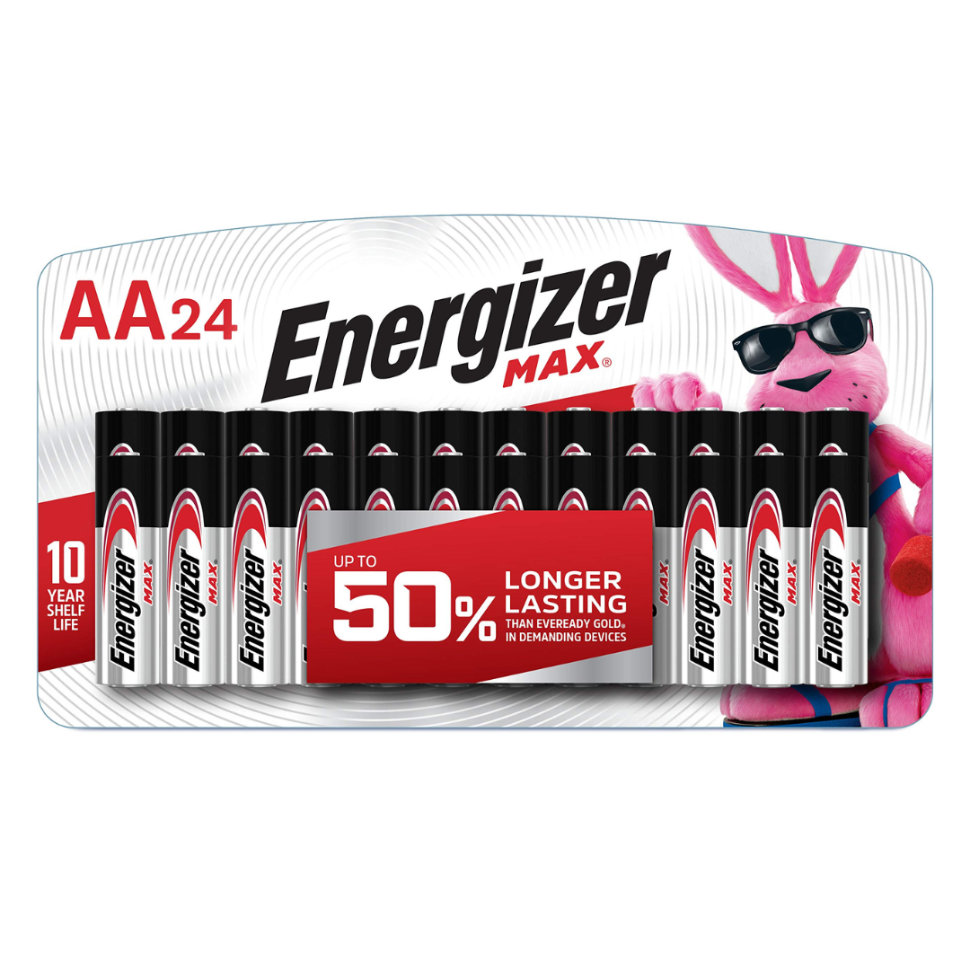 Energizer Max AA batteries, pack of 24, with a 10-year shelf life. Claims up to 50% longer lasting than Eveready Gold in demanding devices.
