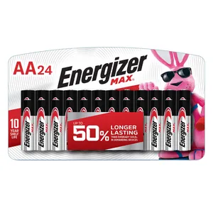 Energizer Max AA batteries, pack of 24, with a 10-year shelf life. Claims up to 50% longer lasting than Eveready Gold in demanding devices.