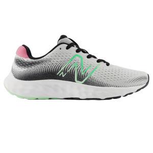 The New Balance 520v8 shoes feature a lightweight design with a white and black gradient mesh upper, green logo accents, a pink heel detail, and a cushioned white foam sole for comfort.