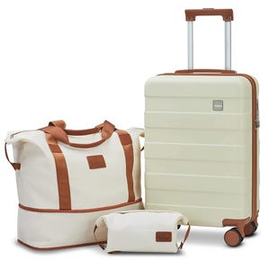 A 3-piece luggage set featuring a cream-colored suitcase with wheels and a telescopic handle, a matching duffel bag with brown straps, and a small toiletry bag, all with a simple design and complementary accents.