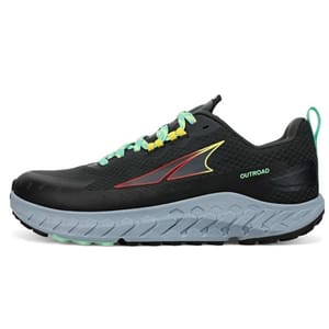 Black Altra running shoes with a thick sole and contrasting colorful accents, featuring a prominent toe loop and the brand's logo on the side.