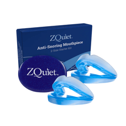 ZQuiet Anti-Snoring Mouthpiece 2-Size Starter Kit, featuring two blue mouthpieces and a blue storage case.